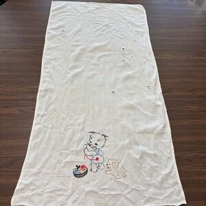 Vintage Embroidered Kitten Puppy Linen Towel 19x27 Craft Fabric Cutter Upcycle